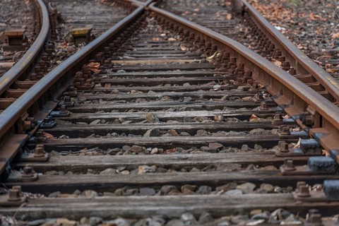 Close-up of railway tracks on a stony ballast bed, Bochum, Ruhr area, Germany, Europe