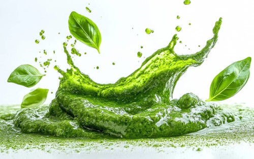 Dramatic splash of green pesto with scattered basil leaves, AI generated