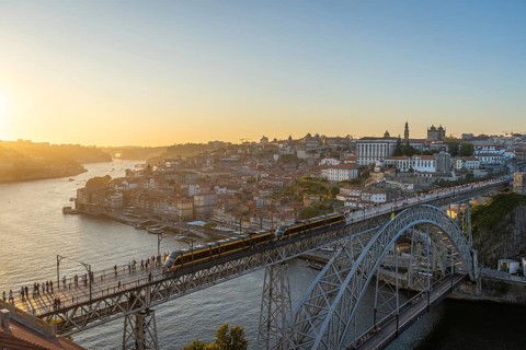 Porto City, Douro River and Dom Luis bridge I with Tram from Tourist Viewpoint Miradouro da Serra