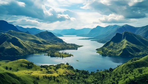 Lake nestled in a verdant mountainous landscape under a soft cloudy sky, AI generated