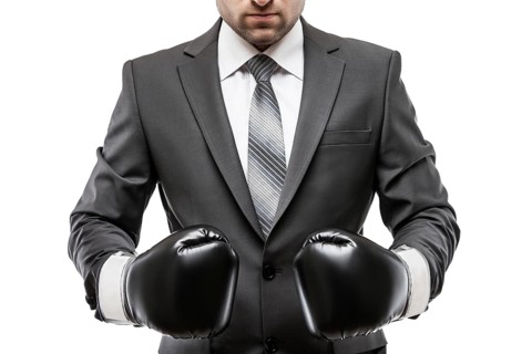 Business career and professional competition success concept, businessman boxer in black suit