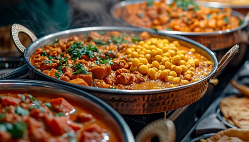 Multiple bowls of Indian curries with steam rising evoke a spicy and diverse meal, AI generated