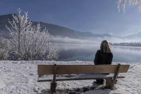 Winter landscape, lake, bench, relaxing, Zell am See, Pinzgau