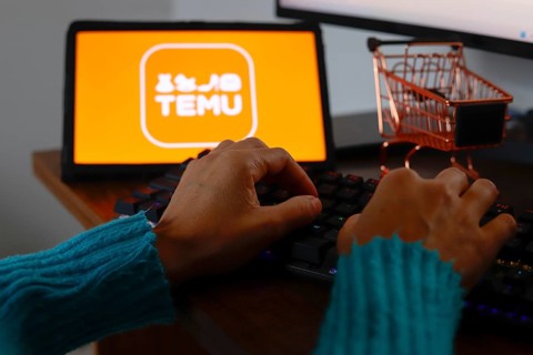 In this photo illustration, a person typing and in the background the Temu logo is displayed on the