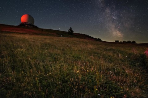 Wasserkuppe with radome at night, Milky Way, Hesse, Germany, Europe