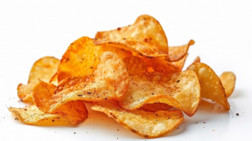 Crispy, golden brown potato chips with seasoning and black pepper, AI generated