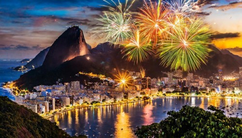 KI generated, New Year's Eve in Rio de Janeiro, fireworks at the Copacabana