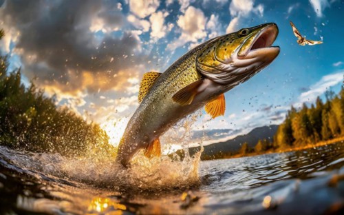 A trout jumps high out of the water to catch a moth in flight, AI generated, AI generated