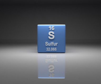 Cube with sulfur number 16 periodic table, 3d rendering