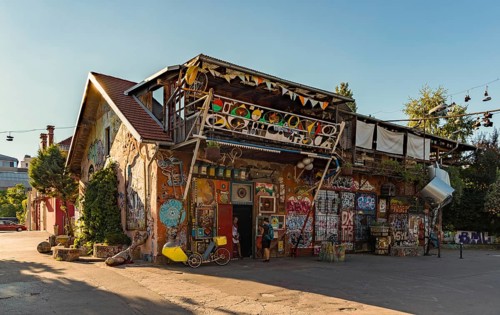 A picture of one of the main buildings of the Metelkova Art Center