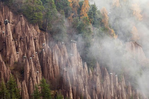 Rittner Erdpyramiden fairy chimneys of Lengmoos in rising mist, Bolzano, South Tyrol, Italy, Europe