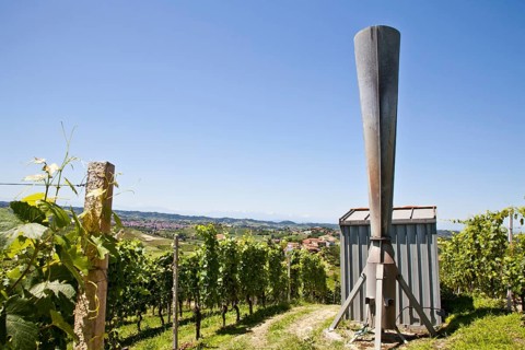 Hail cannon in Italian vineyard, Monferrato and Langhe area, Piemonte region
