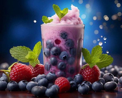 Fresh fruit shake in a glass, milkshake, smoothie, ice cream, wild berry, raspberry, blueberry,