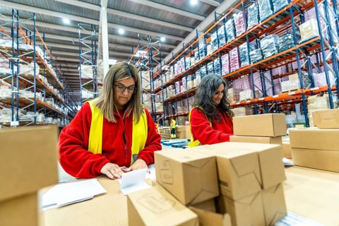 Two female manual workers organizing shipments in a warehouse