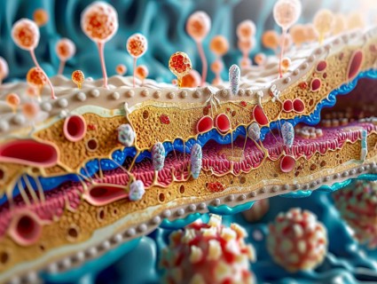 Detailed cross-section of human skin structure cells with vibrant colors and diverse textures, AI