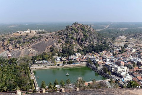 View at the top of the statue, Gomateshwara statue, Jaina-Asket, Jain temple on Vindyagiri Hill,