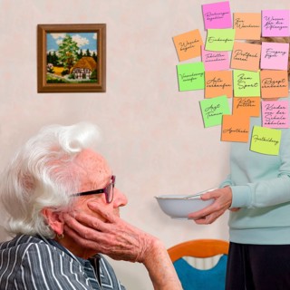 Portrait of an elderly woman who is cared for and looked after by her daughter, but must not forget