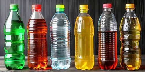 Six plastic bottles filled with various colorful liquids arranged in a straight line, AI generated