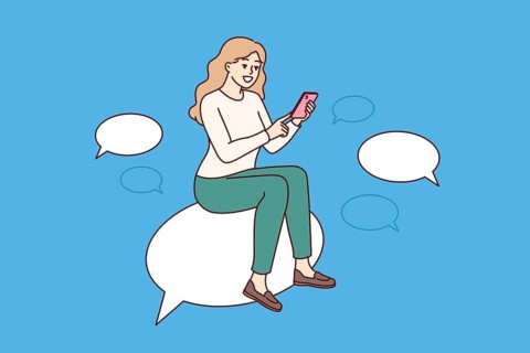 Woman is chatting on mobile phone, sitting on speech bubble and typing SMS or comment on social