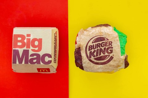 Calgary, Alberta. Canada. May 17, 2021. A Mcdonald's Big Mac and Burger King Whopper hamburgers.