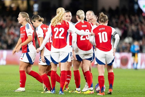 MELBOURNE, AUSTRALIA, MAY 24: Arsenal Women FC celebrate Alessia Russo's goal against the A-League