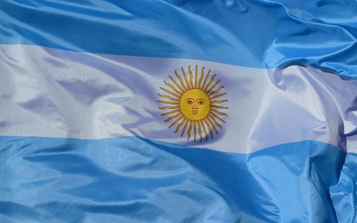 Close-up of the national flag of Argentina, fluttering in the wind with folds, wave pattern