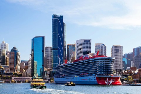 SYDNEY, AUSTRALIA, DECEMBER 05: Virgin Voyages' Resilient Lady is berthed at the Overseas Passenger