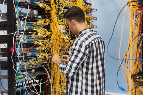 Man working ethernet switch