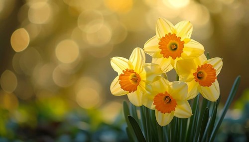 Sunlit daffodils, duke of rothesay narcissus, against a blurred background, creating a serene