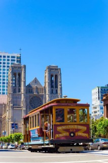 San Francisco, USA, May 20, 2016: Cable car passing down California Street in front of Grace