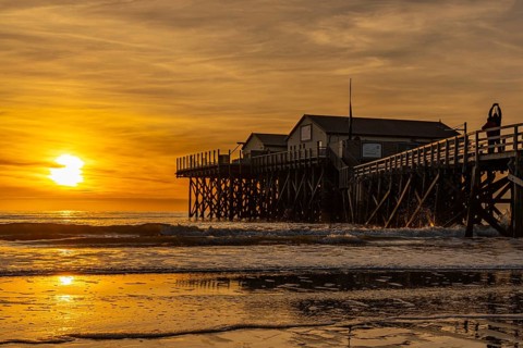 Sunset at the beach bar 54, St.Peter Ording, North Frisia, Schleswig-Holstein, Germany, Europe