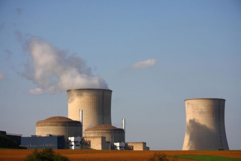 Nuclear power plant in Cattenom, France, foreground agriculture, background blue sky, detail,