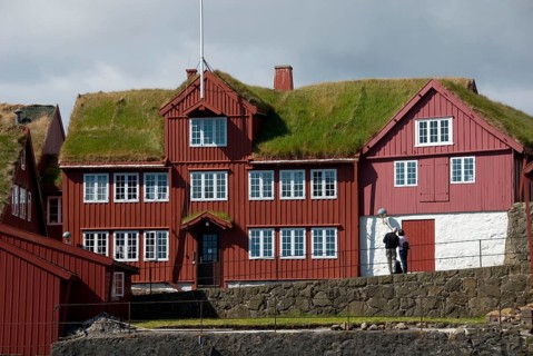 Grass sod house, Torshavn, green roof, old town on Tinganes peninsula, Thorshaven, Streymoy Island,