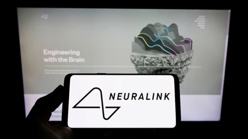 Stuttgart, Germany, 01-30-2022: Person holding mobile phone with logo of US neurotechnology company