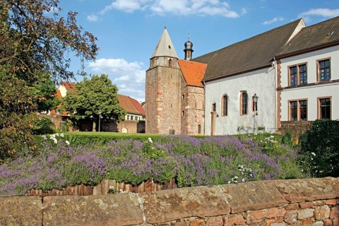 Romanesque bell tower, Chapel of St. Sebastian, Old Town of Ladenburg, Baden-Württemberg, city