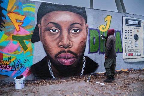 Germany, Berlin, 13. 12. 2020, graffiti wall, head, portrait J Dilla, by graffiti artist Eme