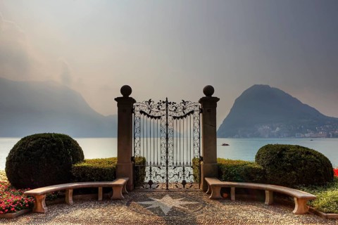 Gate, Parco Civico of Villa Ciani, Lake Lugano, Monte Salvatore, Lugano, Ticino, Lago di Lugano,