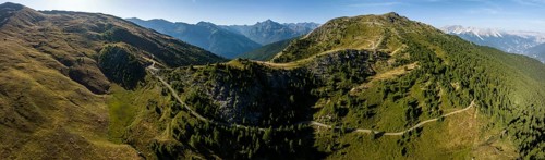 Assietta ridge road, aerial view, military alpine road between Monte Genevris and Colle Blegier,