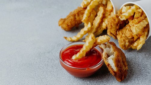 Fish chips with ketchup copy space