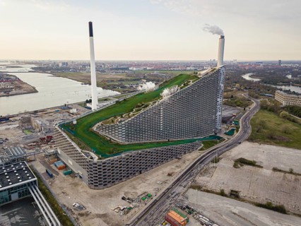 Copenhagen, Denmark, April 12, 2020: Aerial drone view of Amager Bakke, a waste to power plant with