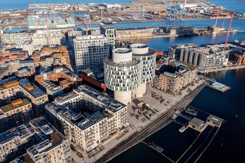 Copenhagen, Denmark, January 06, 2022: Drone view of the Portland Towers, two silos converted into
