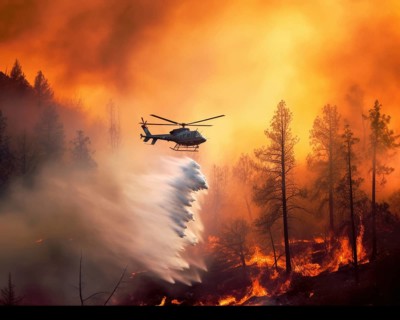 Firefighting helicopter pours water over forest fire, flames, fire inferno, climate change, heat,