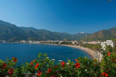 Beach bay of Icmeler near Marmaris, Turkish Aegean Sea, Coast, Turkey, Asia