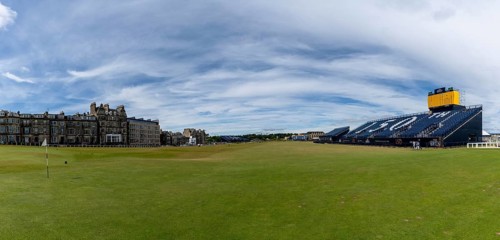 St. Andrews, United Kingdom - 22 June, 2022: panorama view of the 18th hole at the old Course in St