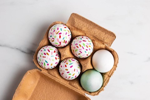 Top view painted easter eggs carton