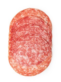 salami sausage slice isolated on white background top view