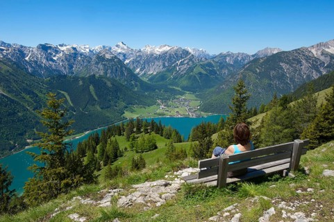 View of Lake Achensee from the Durra Cross, Tyrol, Austria, Europe