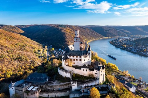 Aerial view of the Rhine Valley with the Marksburg Castle, Braubach, UNESCO World Heritage Site,