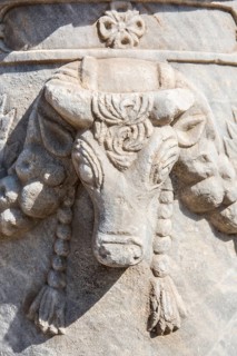 Bull relief on column head in Knidos, Datca, Mugla, Turkey, Asia