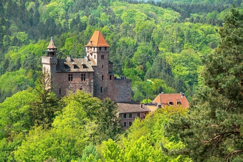 Berwartstein Castle in Spring, Erlenbach, Palatinate Forest nature park, Palatinate,